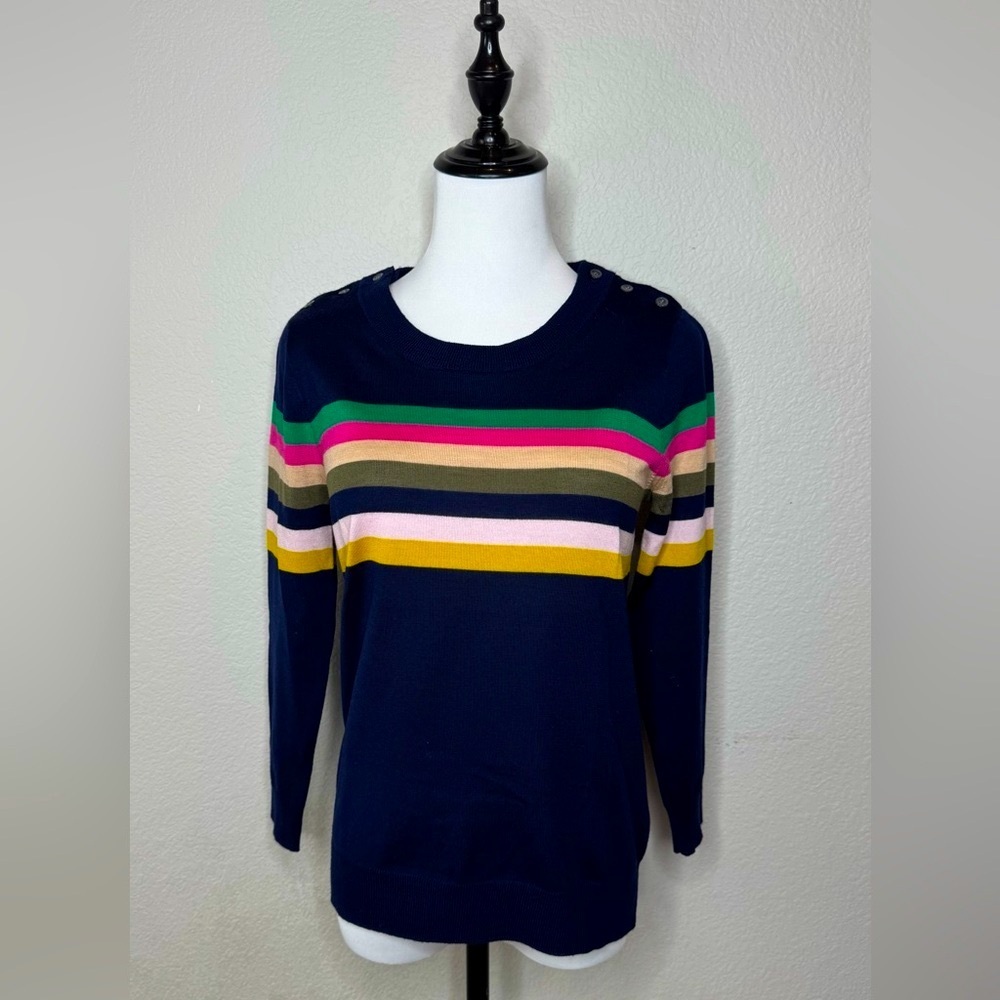 Navy Striped Crewneck Sweater with buttons accents